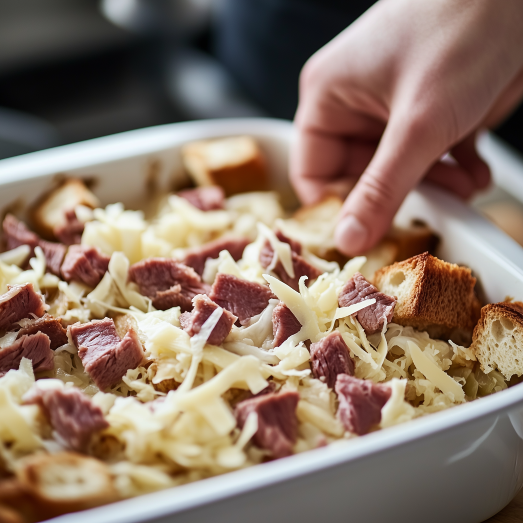 Step-by-step preparation of a Reuben casserole recipe with layers of rye bread cubes, sauerkraut, corned beef, and shredded Swiss cheese in a white casserole dish.