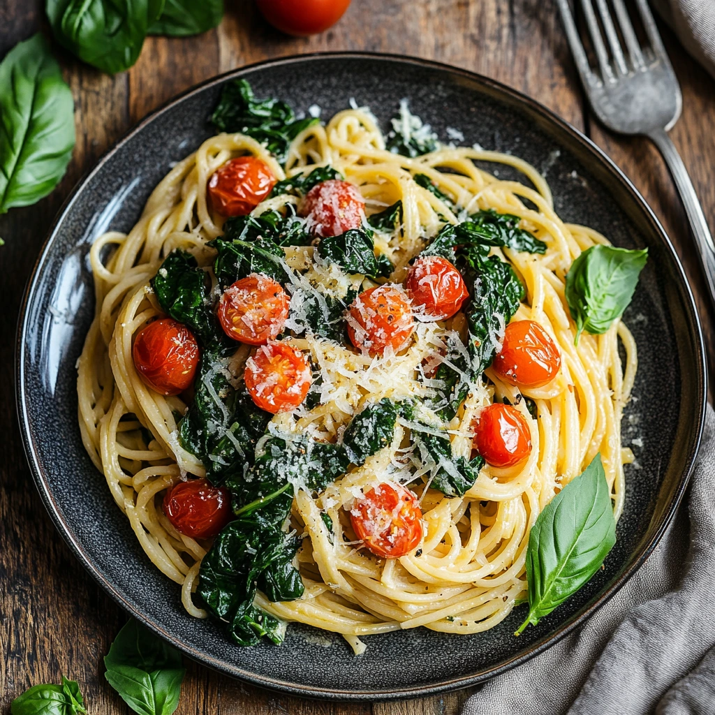A plate of spinach and tomato pasta garnished with parmesan cheese and fresh basil leaves.
