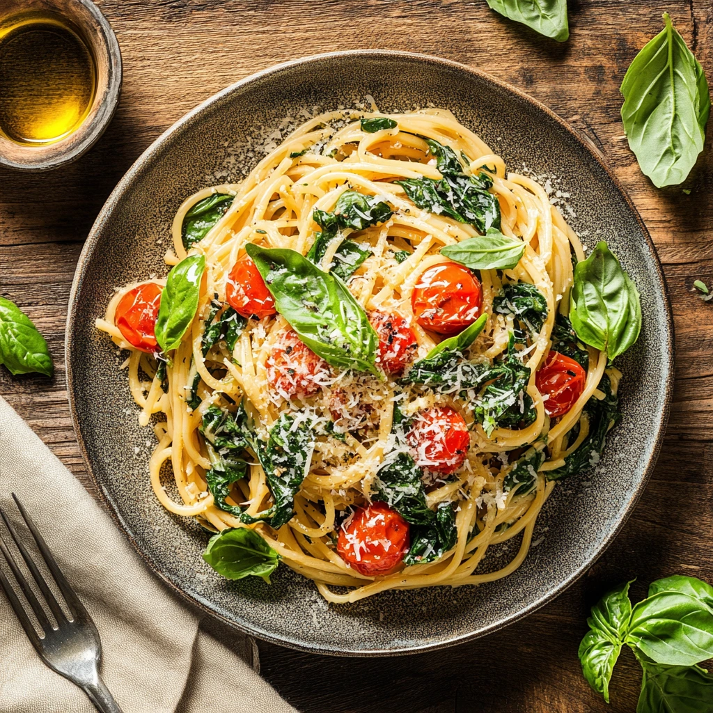 A plated dish of spinach tomato pasta garnished with basil and Parmesan cheese.