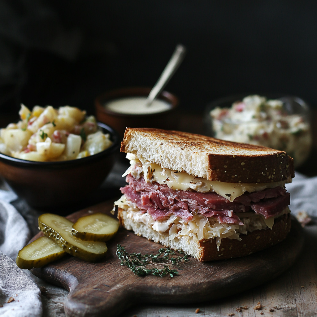Classic Reuben sandwich with corned beef, sauerkraut, Swiss cheese, and dressing on rye bread.