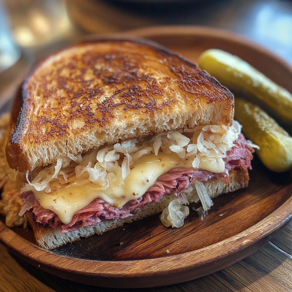 Classic Reuben sandwich with corned beef, Swiss cheese, sauerkraut, and Russian dressing on toasted rye bread
