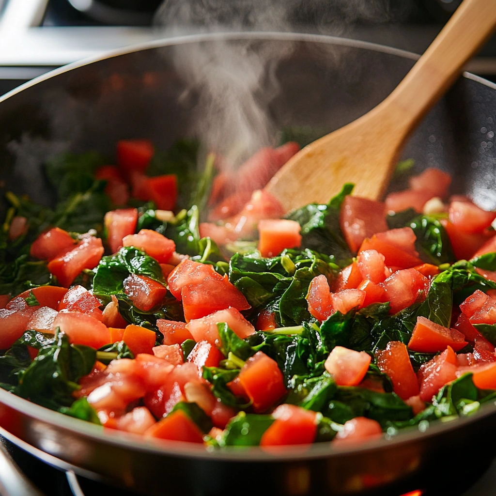 Spinach and diced tomatoes being sautéed in a skillet with olive oil and garlic.