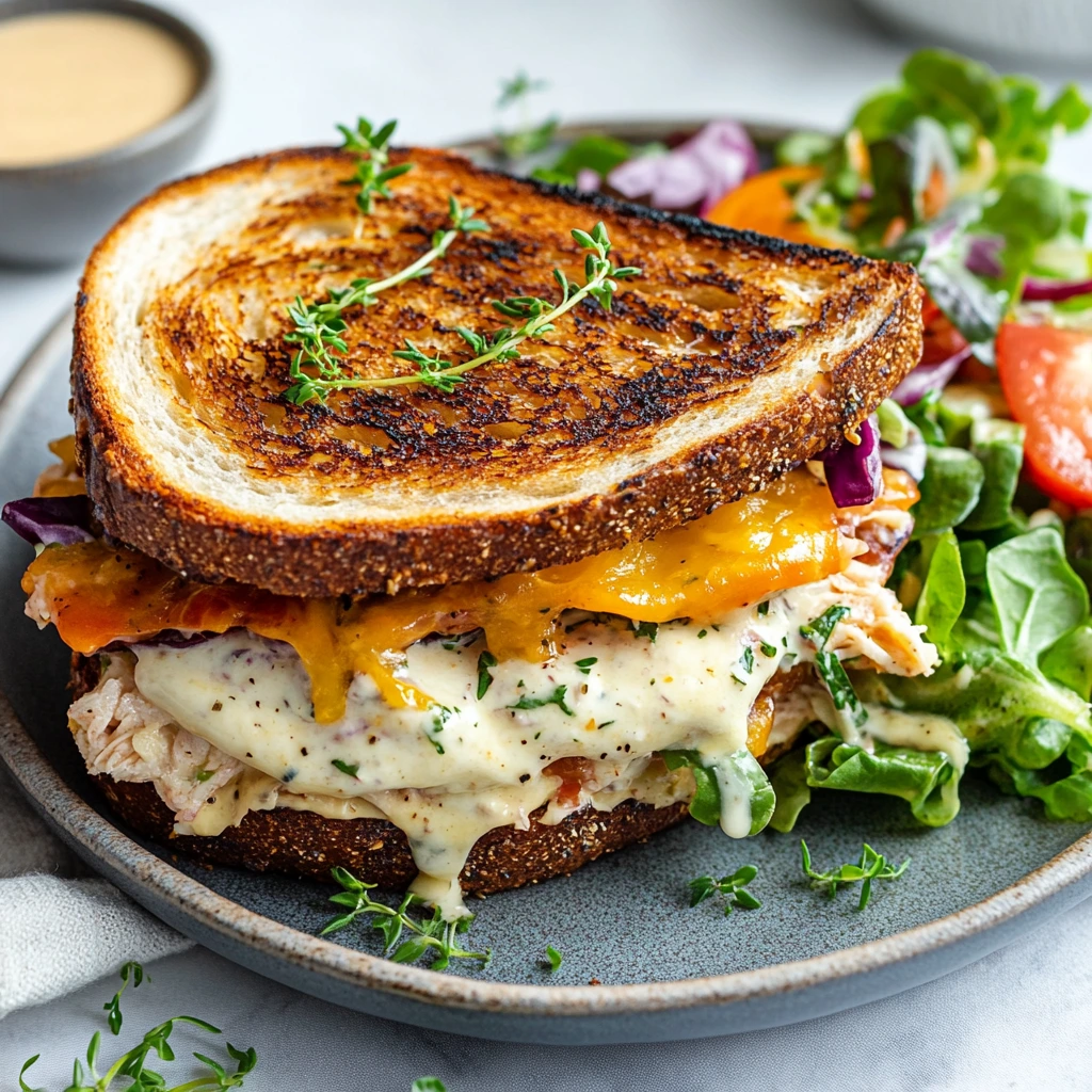 Vegetarian Reuben sandwich with plant-based protein, vegan cheese, and tangy pickled vegetables