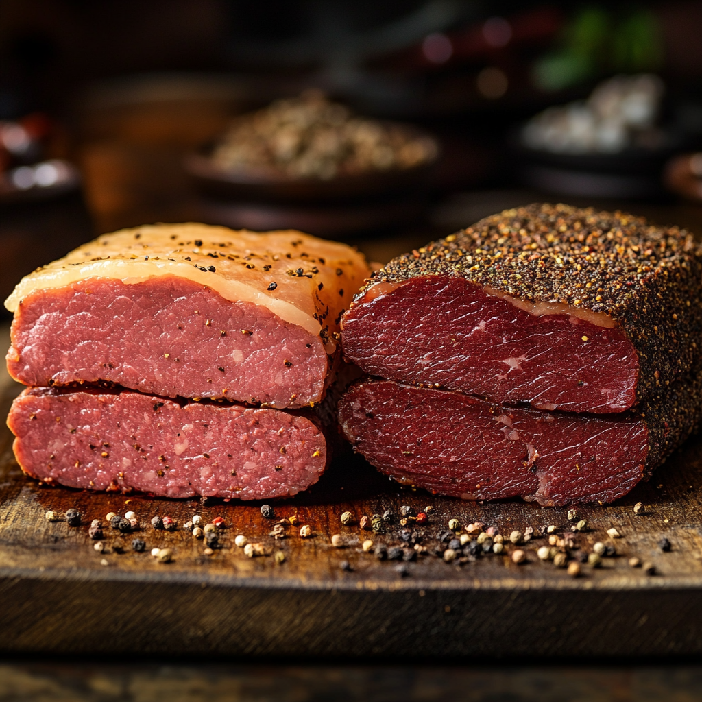 Corned beef and pastrami comparison, showing textures and colors on a wooden butcher block.