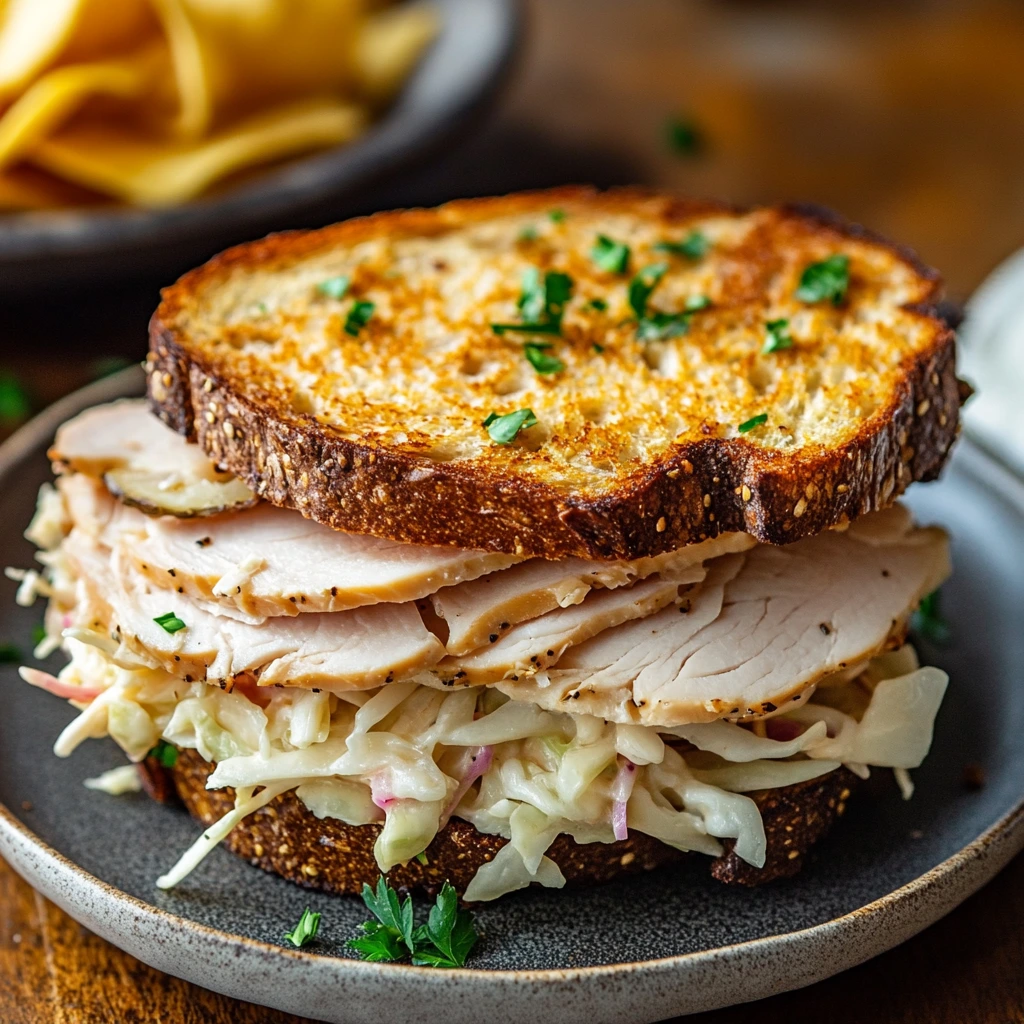 Rachel sandwich featuring turkey, coleslaw, melted Swiss cheese, and Russian dressing on rye bread