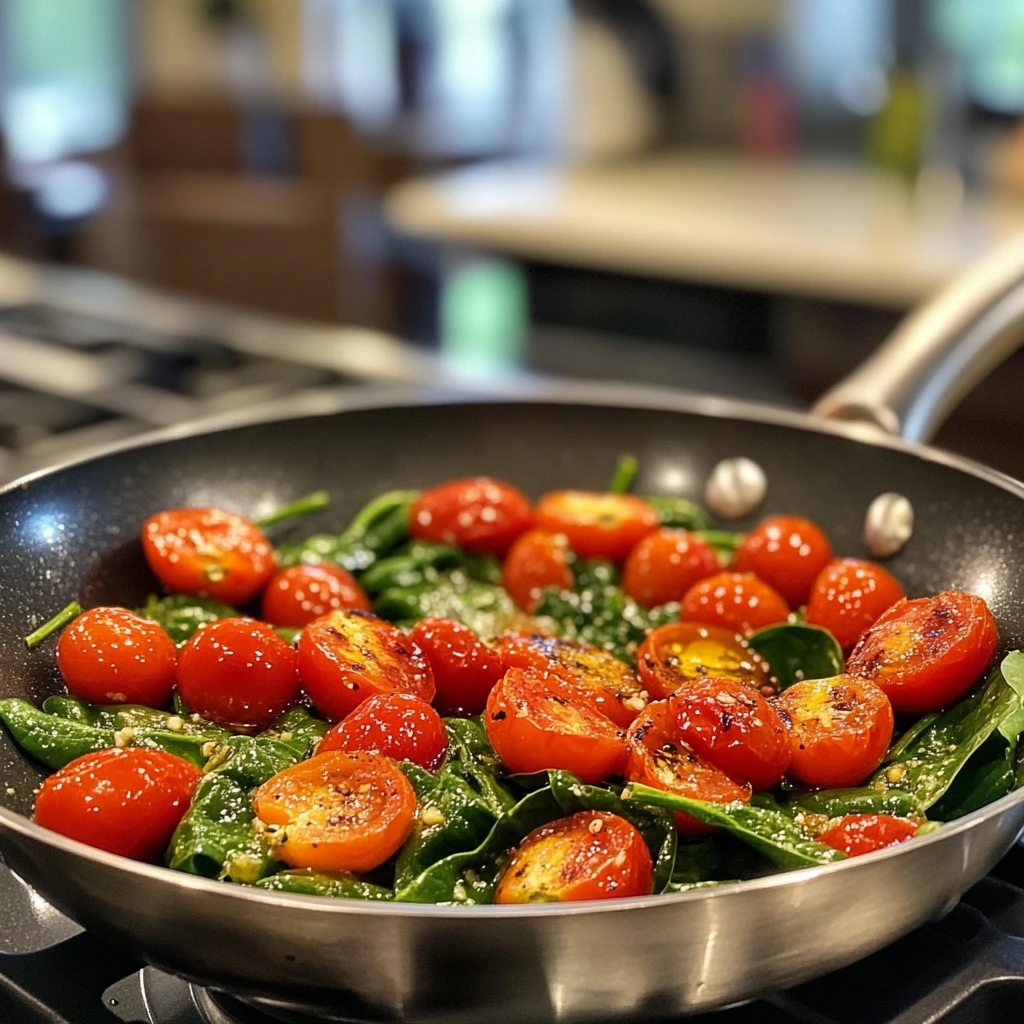 A skillet filled with sautéed spinach and blistered cherry tomatoes, seasoned with garlic and olive oil.