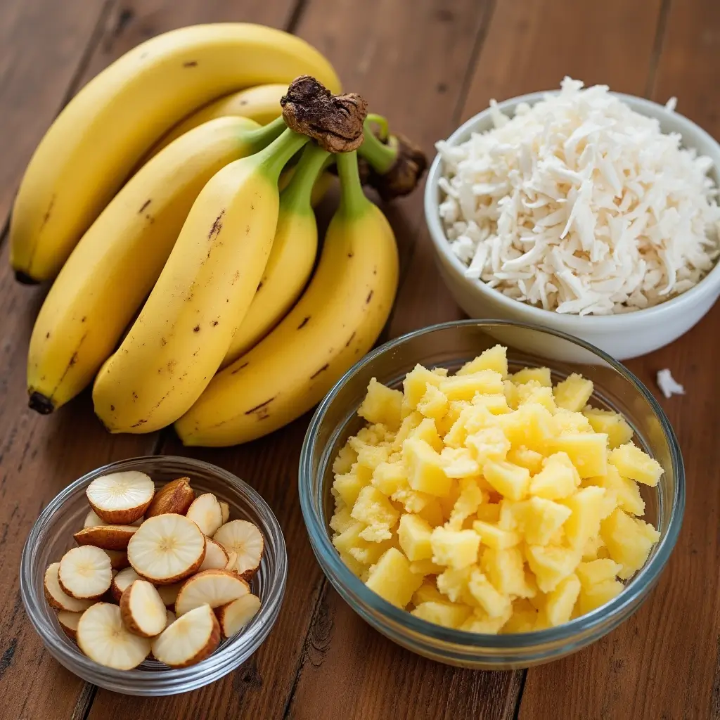 Fresh bananas, shredded coconut, macadamia nuts, and crushed pineapple on a kitchen countertop