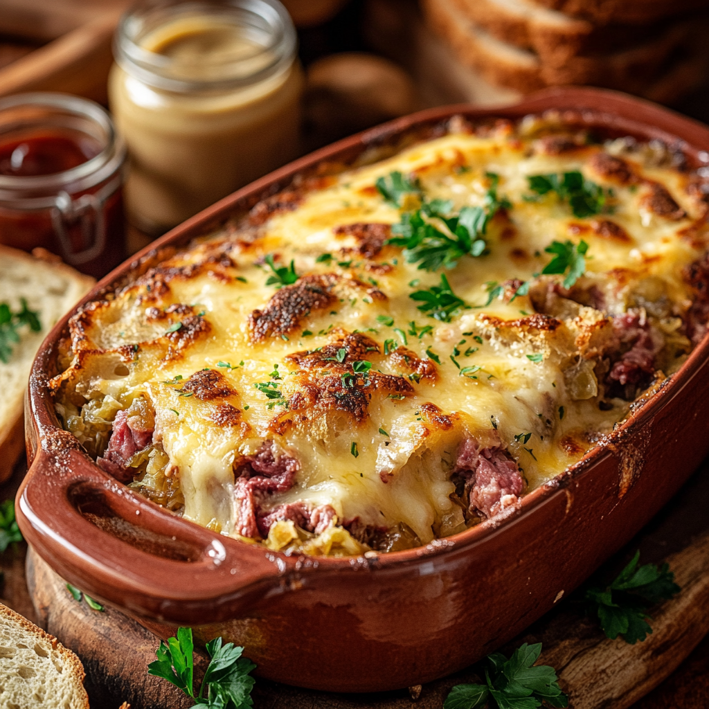 Golden-brown Reuben casserole recipe in a ceramic dish, topped with melted Swiss cheese and garnished with parsley, surrounded by rye bread slices, sauerkraut, and Thousand Island dressing.