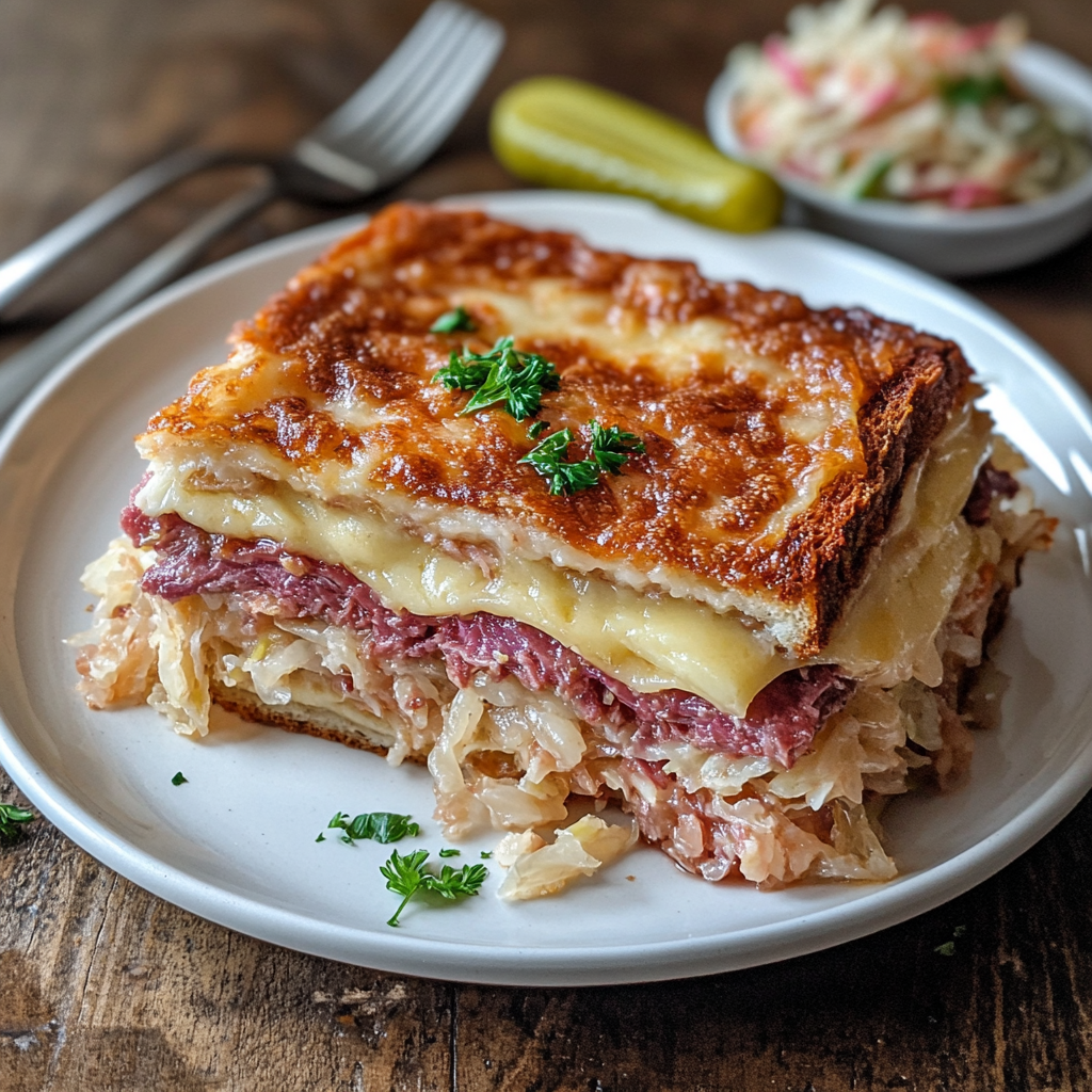 A slice of Reuben casserole recipe plated with visible layers of corned beef, sauerkraut, Swiss cheese, and rye bread, served with a dill pickle spear and coleslaw