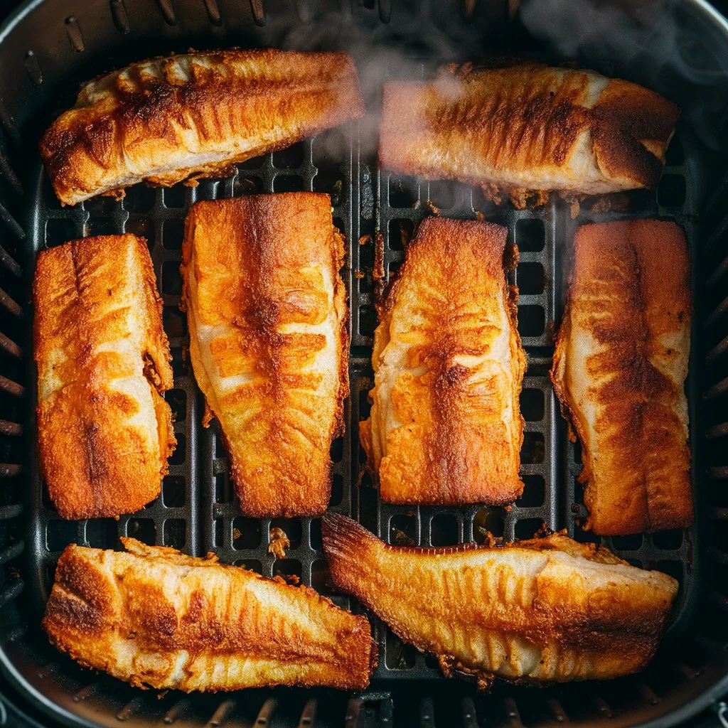 Golden-brown fish fillets cooking in an air fryer basket.