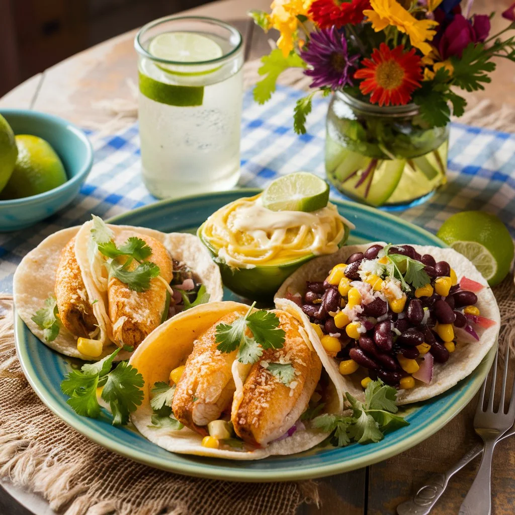 Fish tacos with street corn, black bean salad, and lime water.