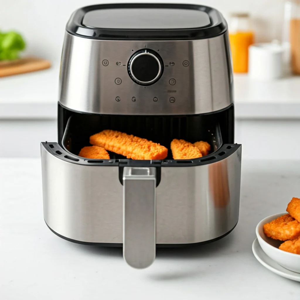 Golden fish fingers cooking inside a modern air fryer.