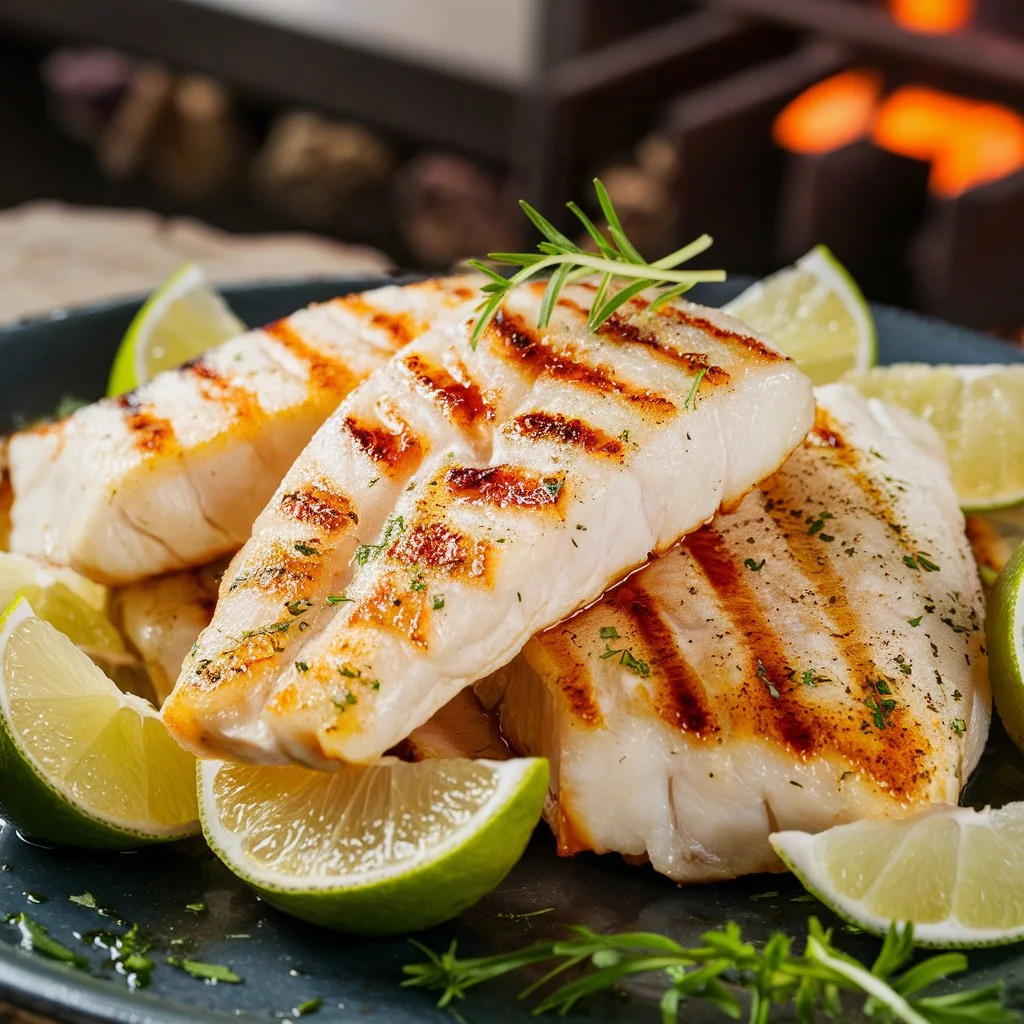 Grilled white fish fillets with sear marks and lime wedges.