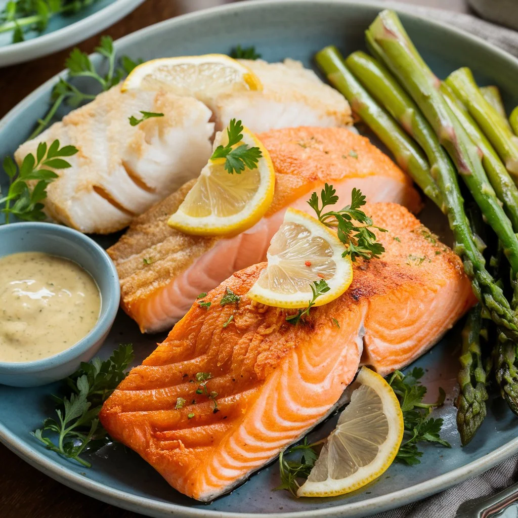 Golden air-fried salmon and cod served with roasted asparagus and dipping sauce.