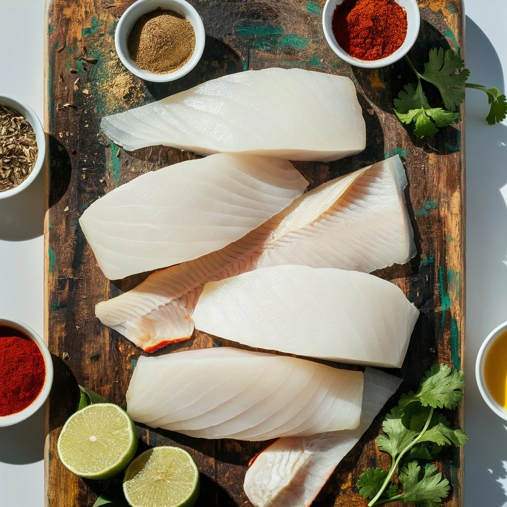 Raw white fish fillets with spices, lime, and cilantro on a cutting board.