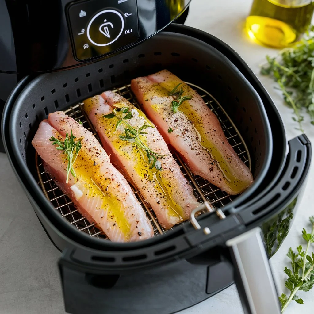 Air fryer basket with seasoned raw fish fillets ready for cooking.