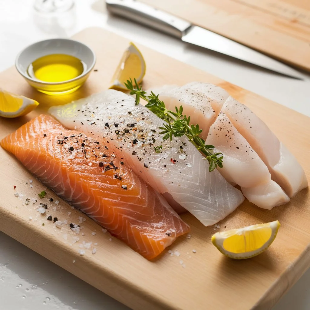 Raw fish fillets seasoned with salt, pepper, and herbs on a cutting board.