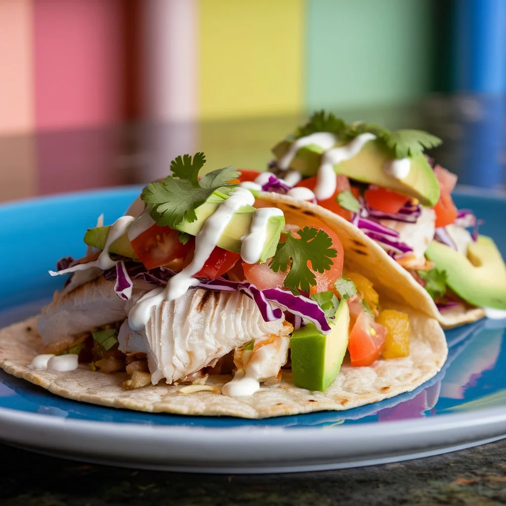 Fish tacos with vibrant toppings including cabbage, tomatoes, and avocado.