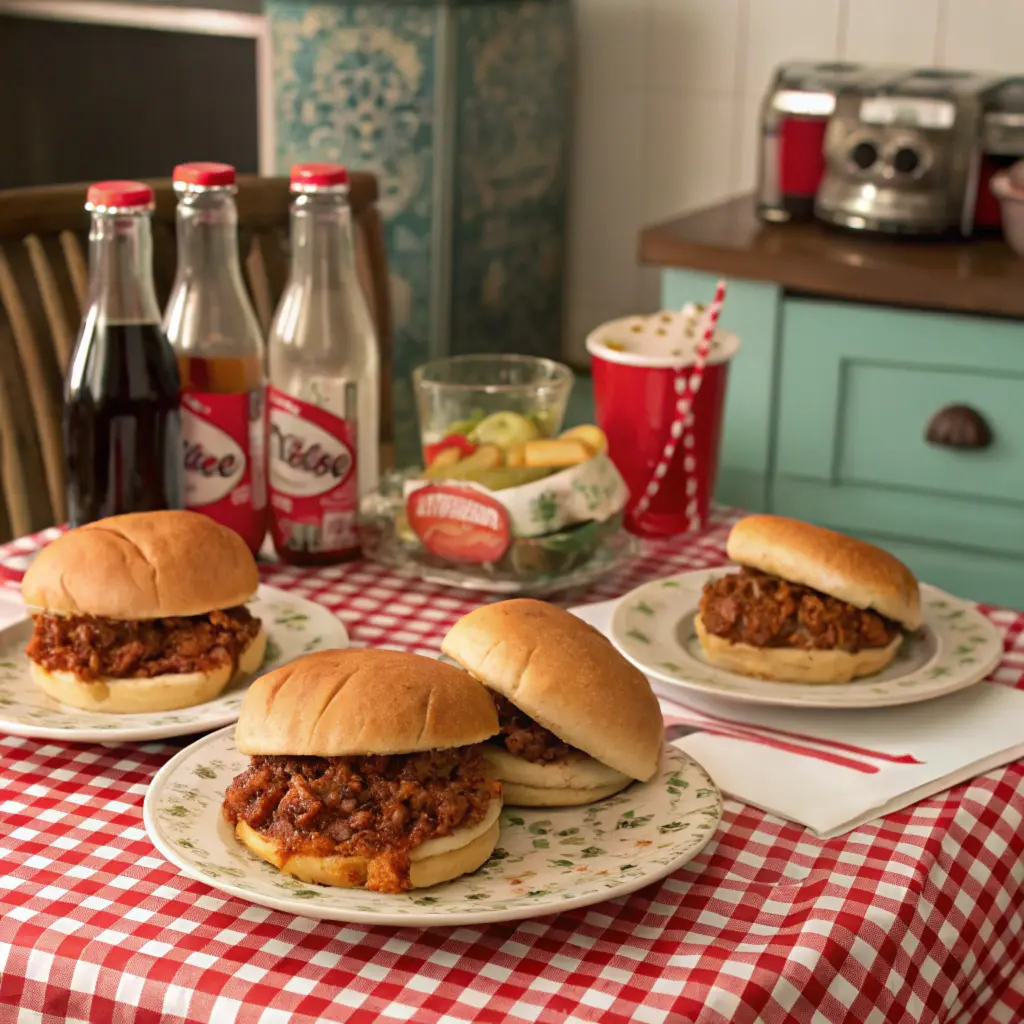 A retro-themed dinner with sloppy joe sandwiches and vintage decor.