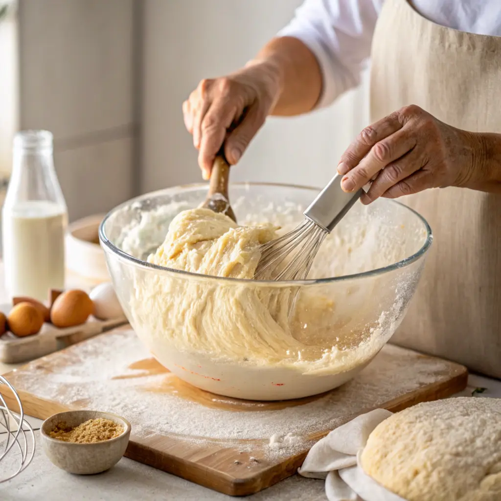 Baker mixing sourdough quick bread batter