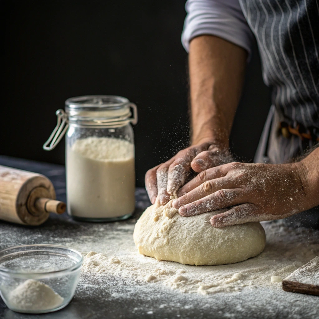 Baker kneading sourdough dough on a floured surface