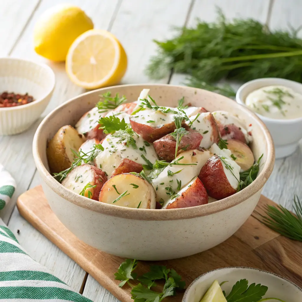 A bowl of creamy potato salad made following Bobby Flay’s method