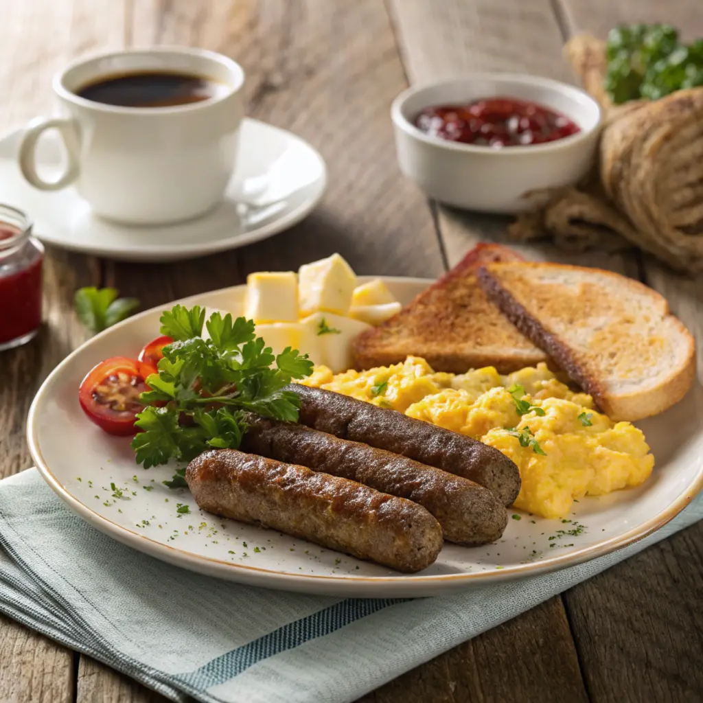 A hearty breakfast plate with beef breakfast sausages, scrambled eggs, toast, and parsley garnish.