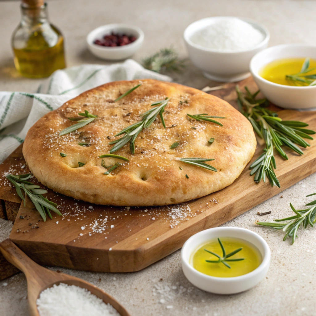 Baked focaccia with a golden crust, topped with olive oil, rosemary, and sea salt.