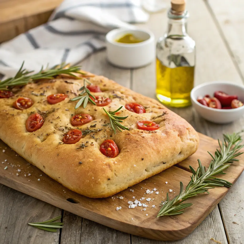 A golden-brown focaccia loaf with rosemary, cherry tomatoes, and flaky salt, served with olive oil and balsamic vinegar.