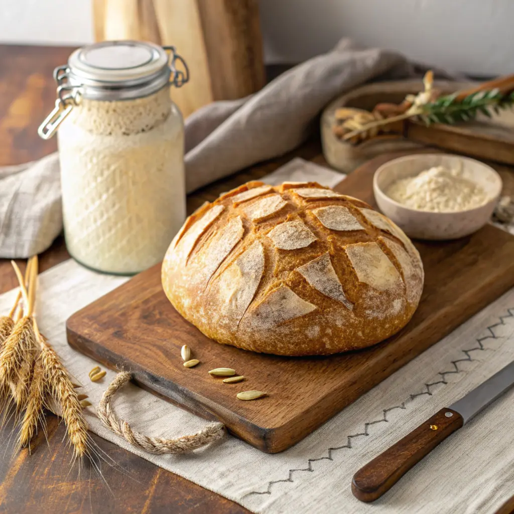 Golden sourdough bread with intricate scoring on a wooden board, rustic kitchen background