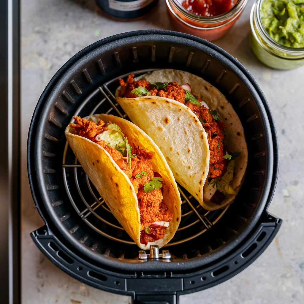 Air fryer tacos cooking in the basket for a crispy shell.