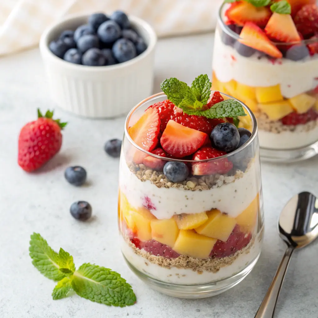 A layered fruit salad parfait in a glass jar with creamy yogurt dressing and fresh fruits.