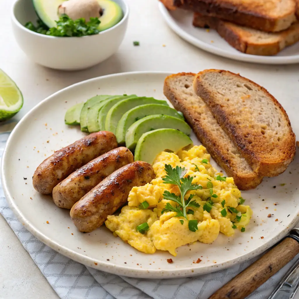 Air-fried breakfast sausages plated with scrambled eggs, avocado, and toast.