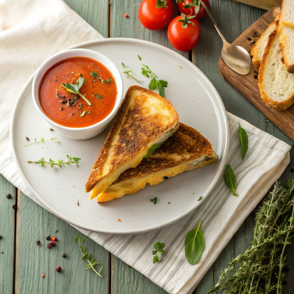 Gourmet grilled cheese served with tomato soup on a rustic table.