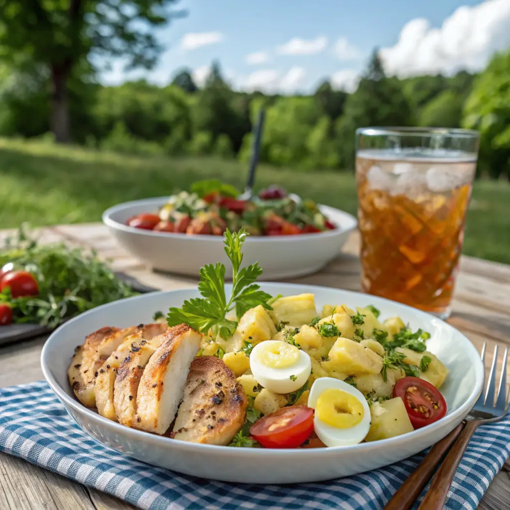 Potato salad served with grilled chicken and iced tea on a picnic table.