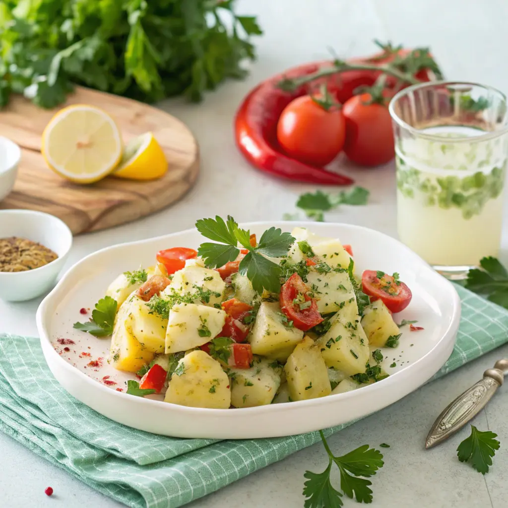 Plated potato salad garnished with parsley on a white platter.