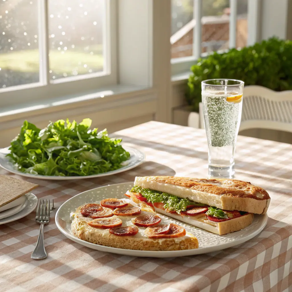 Sandwich pizza with a green salad and sparkling water, served on a checkered tablecloth.