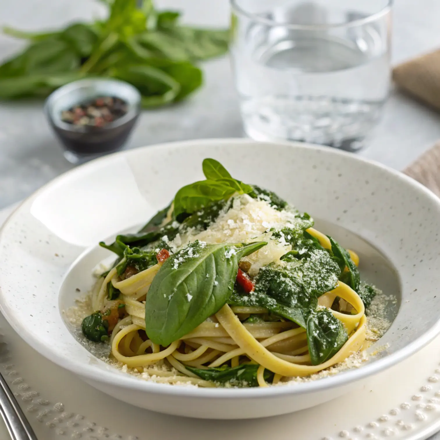 A plate of spinach pasta garnished with parmesan and fresh basil, served with sparkling water in the background.