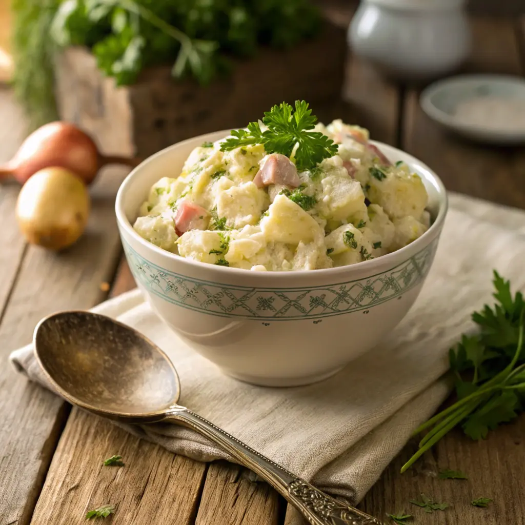 A bowl of grandma’s old fashioned potato salad garnished with parsley.