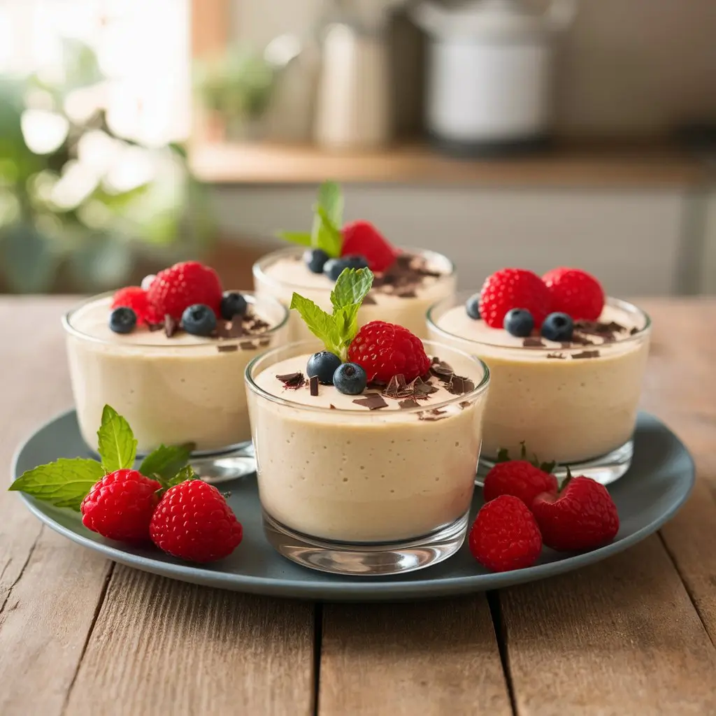 Cheesecake mousse in a glass with berries and mint