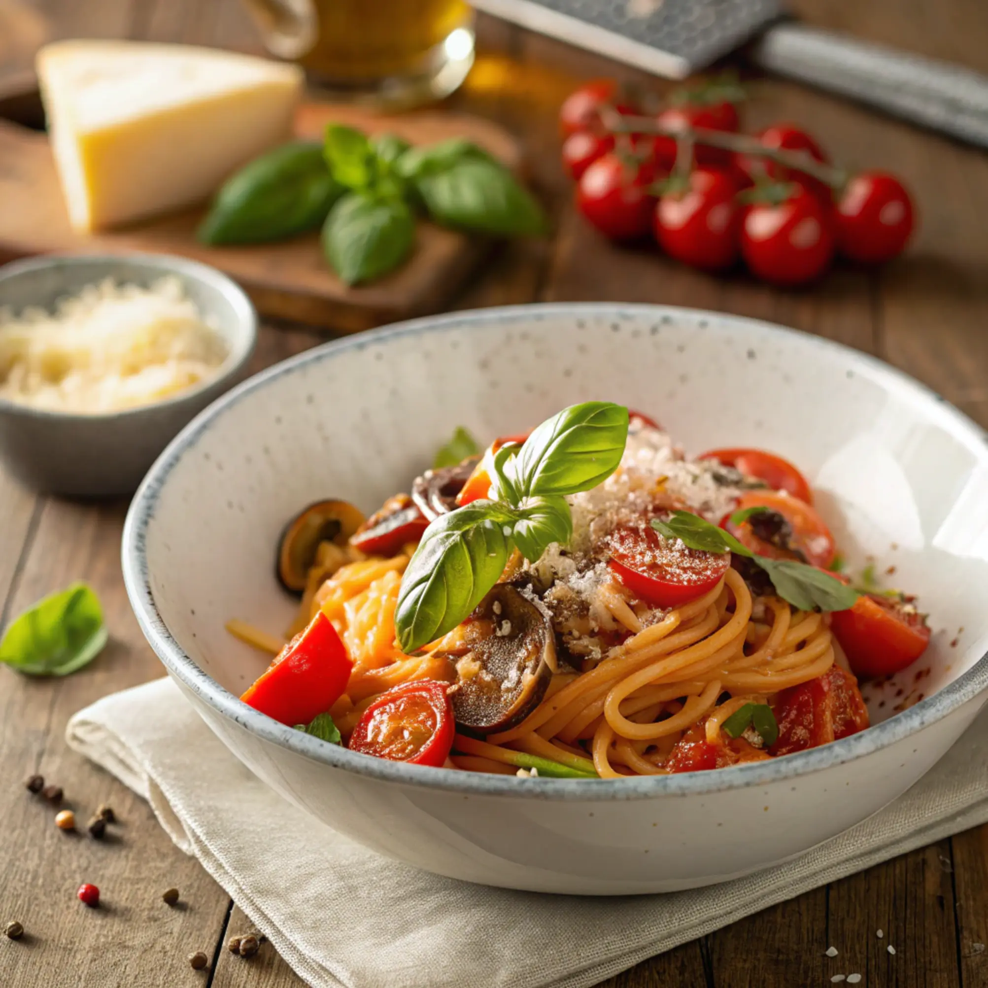 A bowl of tomato pasta topped with fresh basil leaves, grated Parmesan cheese, and a drizzle of olive oil on a rustic wooden table.