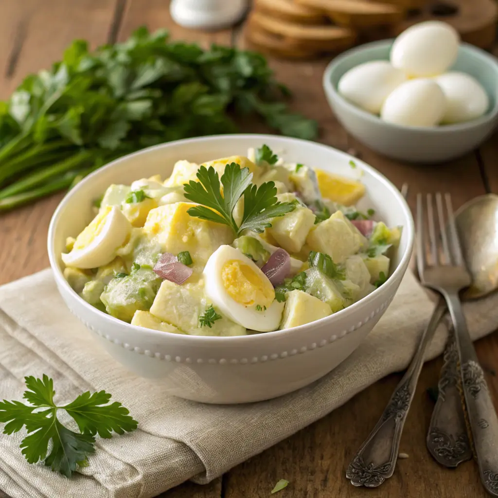 Classic potato salad with creamy dressing in a white bowl.