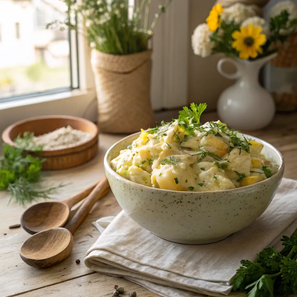 Creamy potato salad with Yukon Gold potatoes and fresh parsley in a rustic bowl