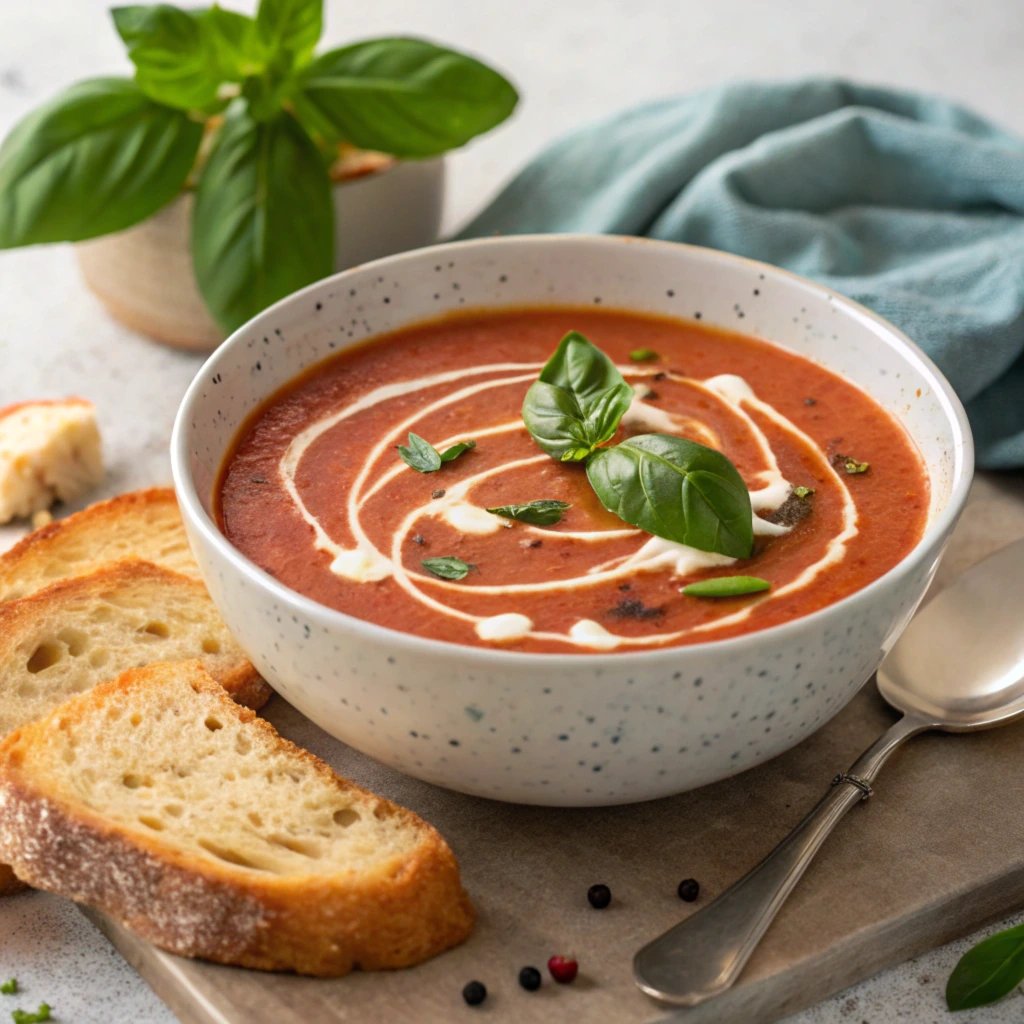 A bowl of Panera tomato soup served with a slice of grilled cheese for the perfect pairing.