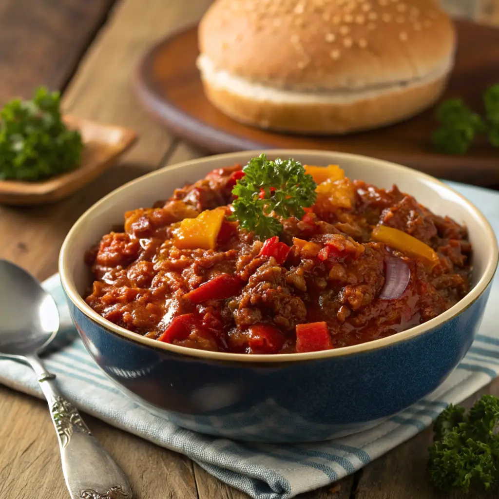 A bowl of classic sloppy joe sauce with ground beef and vegetables.