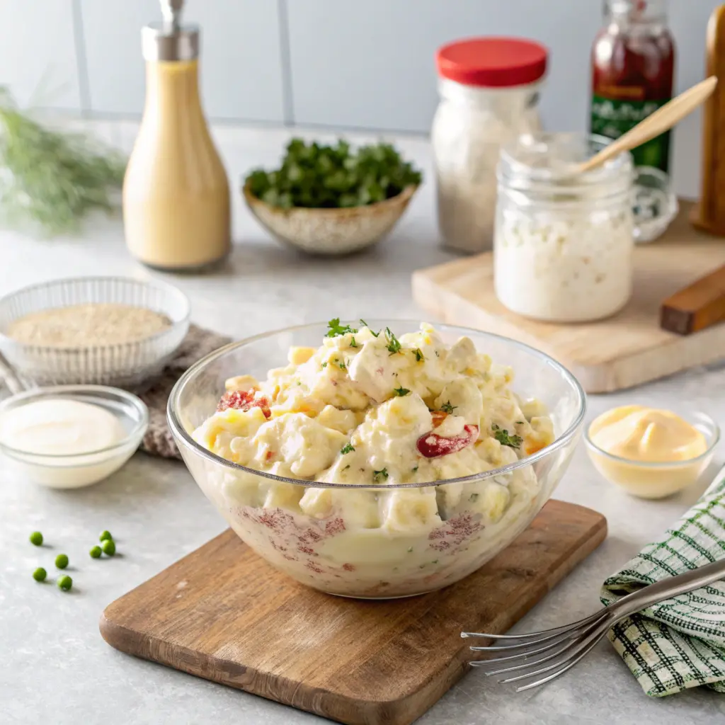 A glass bowl of potato salad on a bright kitchen counter, showing a soupy mess caused by too much mayonnaise being added.