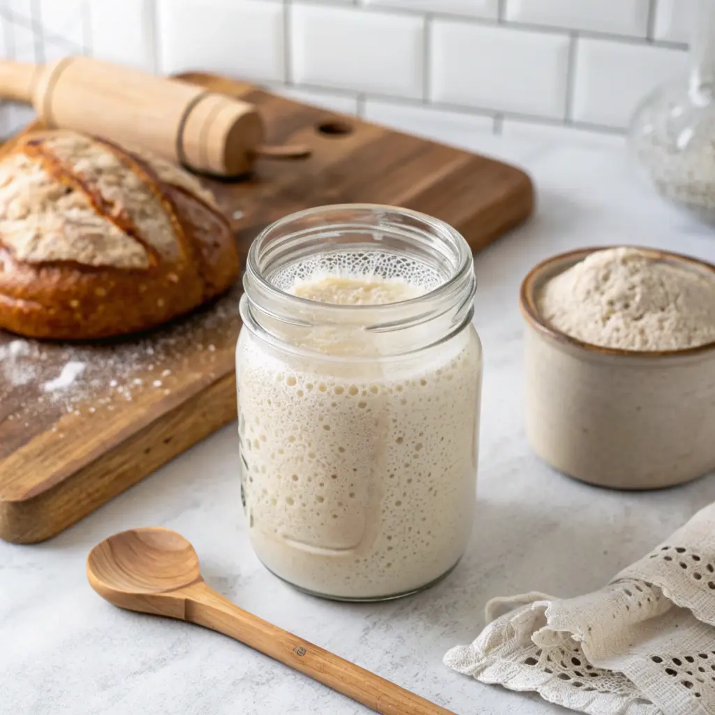 Bubbly sourdough starter in a jar, surrounded by baking ingredients