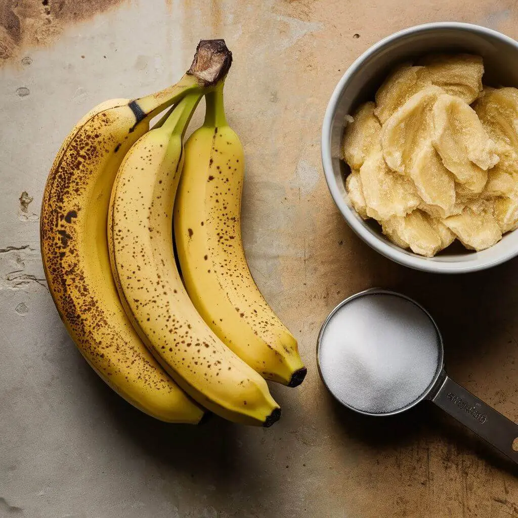 A bunch of overripe bananas with brown speckles, next to a bowl of mashed bananas and sugar