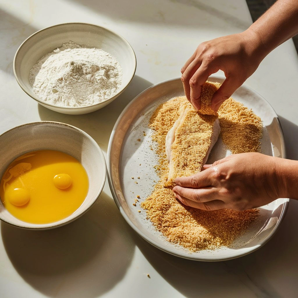 Step-by-step breading process for air-fried fish, showing bowls of flour, eggs, and breadcrumbs.