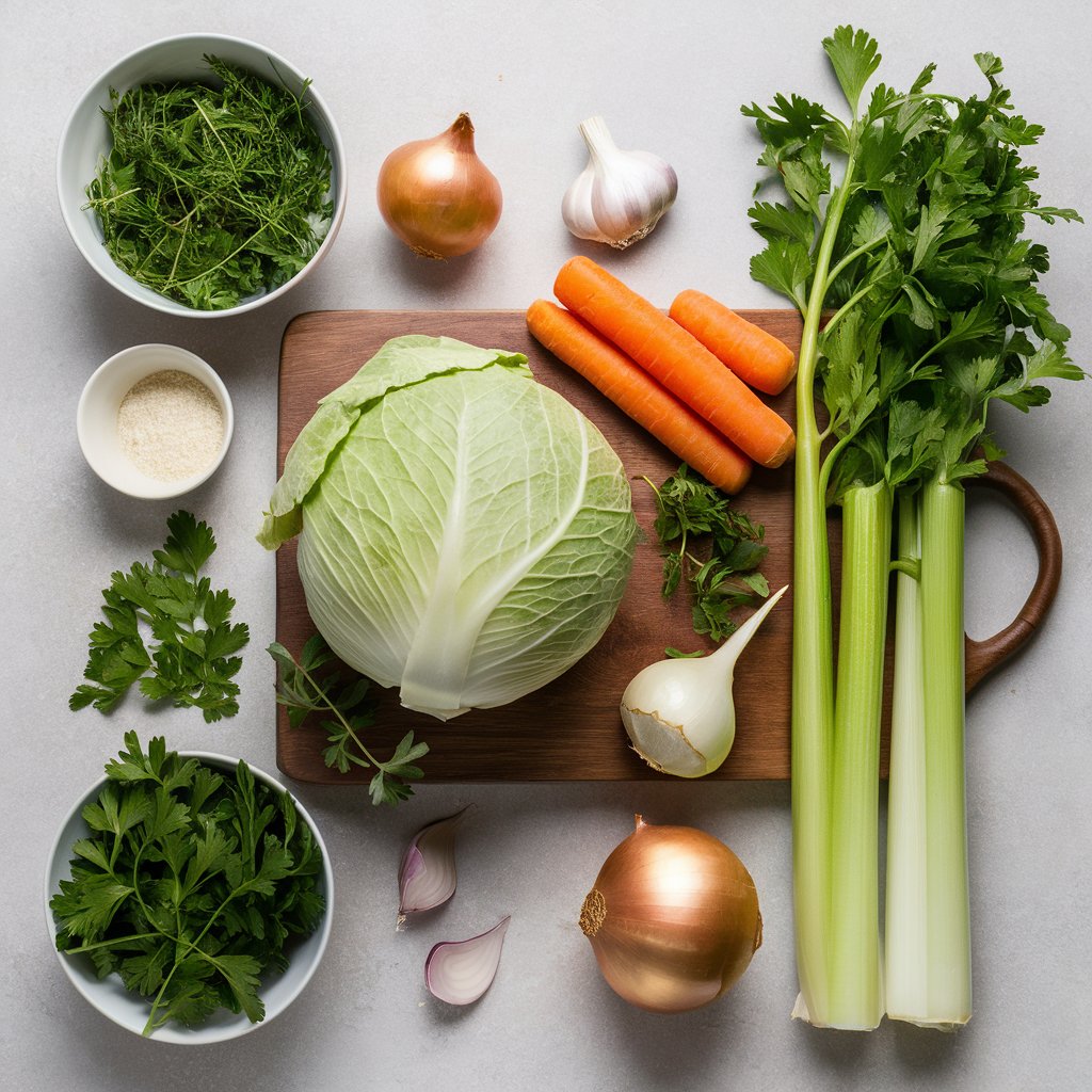 Fresh ingredients for cabbage soup including cabbage, carrots, celery, and onions.